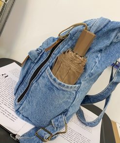 Stylish Denim Backpack with Letter Patch Detail - Large Capacity Laptop Bag for Work and Travel