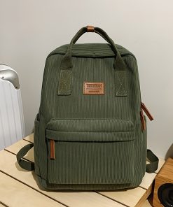 Solid Color Corduroy Backpack, Simple Preppy Style College Schoolbag, Portable Computer Bookbag Travel Rucksack