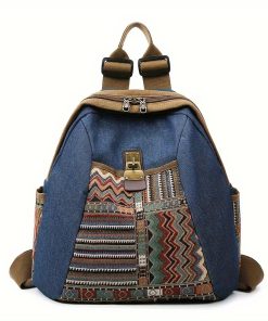 Vintage Denim Backpack Purse, Retro Embroidered Travel Daypack, Women's Ethnic Style Knapsack