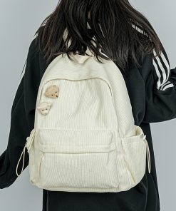 Ladies' Casual Corduroy Backpack - Lightweight, Zip Closure, Adjustable Straps, Hand Washable, Available in Black, Green, Brown, and White